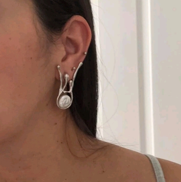 Silver Abstract statement earrings dangle Faux pearl metallic Modern 💖2/$30 - Picture 13 of 16
